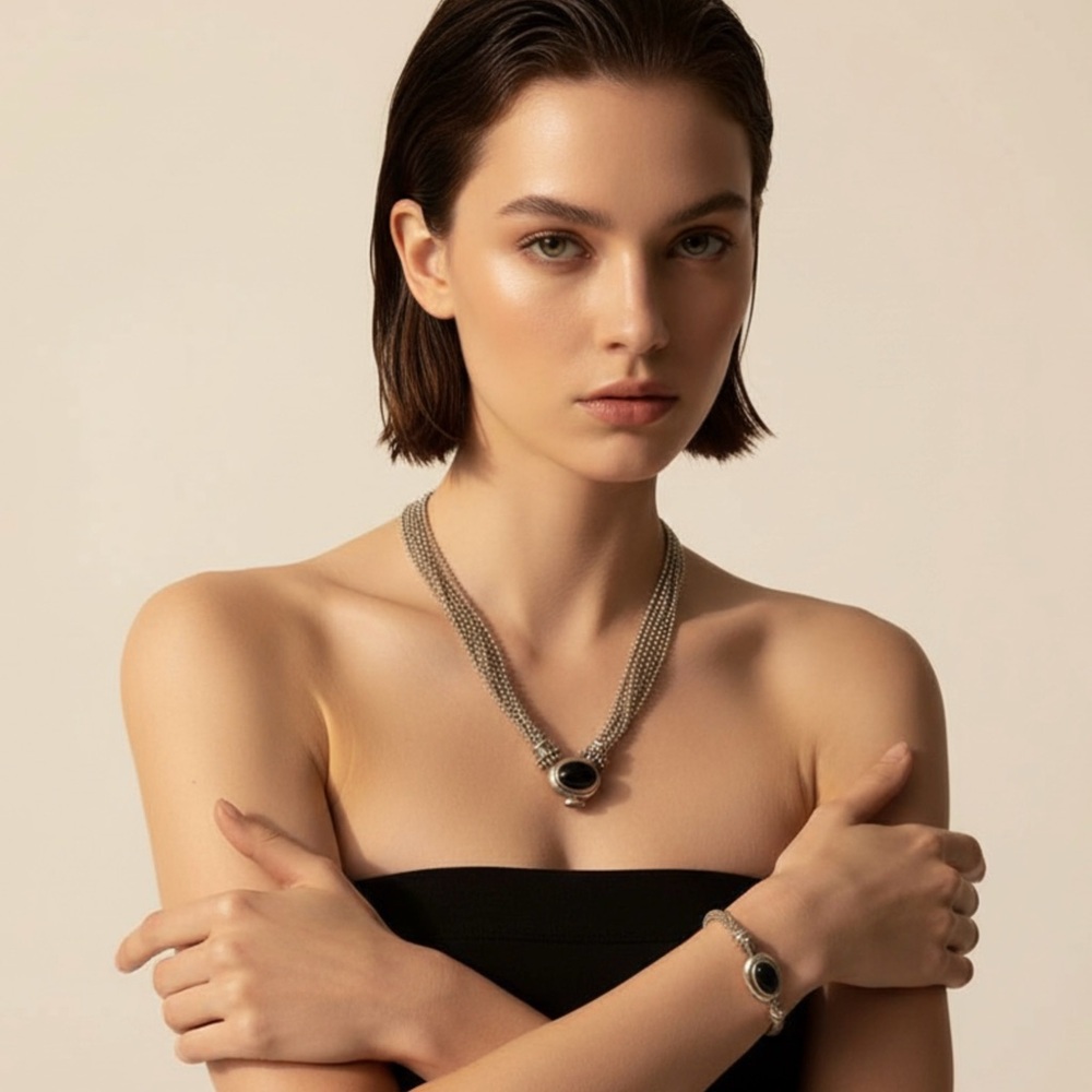 Sterling Joseph Esposito Multistrand Beaded Onyx & Amber Necklace & Bracelet Set